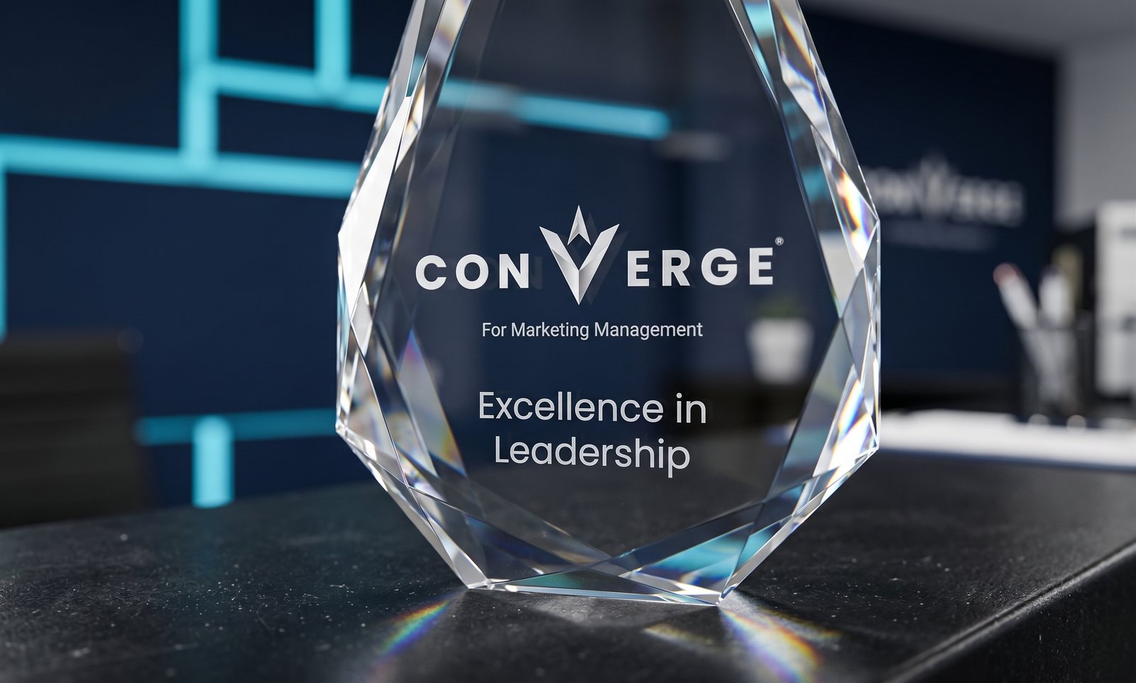جائزة زجاجية منقوش عليها شعار Converge تقديراً للتميز في القيادة