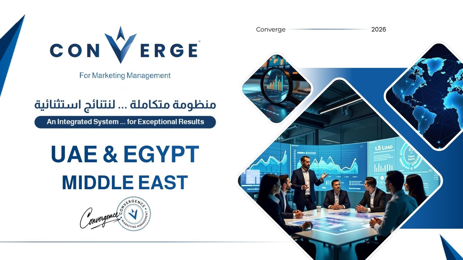 شريحة تعريفية تحمل شعار Converge لإدارة التسويق، تخدم الإمارات ومصر والشرق الأوسط