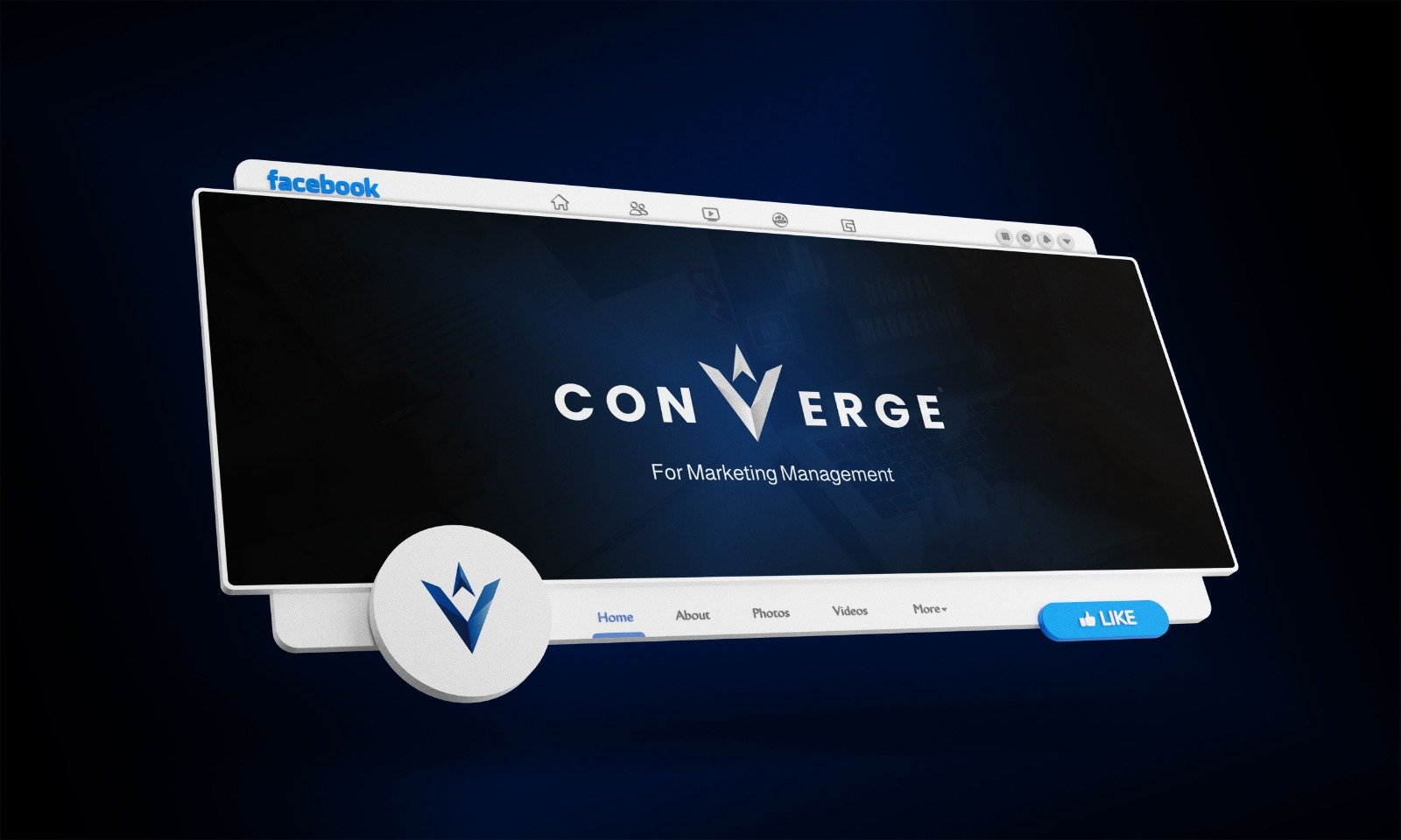 معاينة صفحة Converge على فيسبوك بهوية بصرية داكنة أنيقة، تجسّد إدارة الحضور الرقمي للعلامة