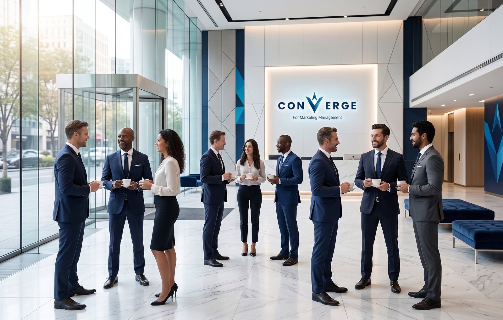 فريق عمل Converge يتحاور في بهو مكتبي عصري أمام شعار العلامة